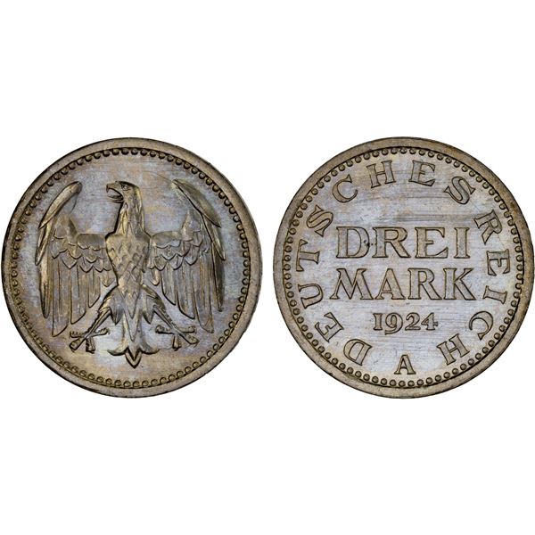 GERMANY: Weimar Republic, AR 3 mark, 1924-A, Unc