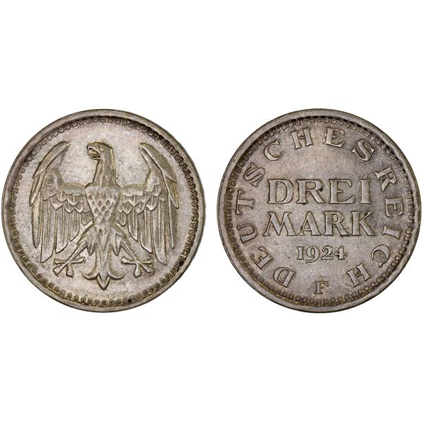 GERMANY: Weimar Republic, AR 3 mark, 1924-F, XF-AU