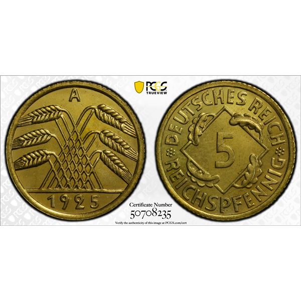 GERMANY: Weimar Republic, 5 reichspfennig, 1925-A, PCGS Proof 65 CAM