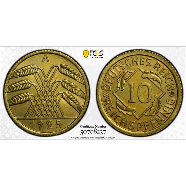 GERMANY: Weimar Republic, 10 reichspfennig, 1925-A, PCGS Proof 66