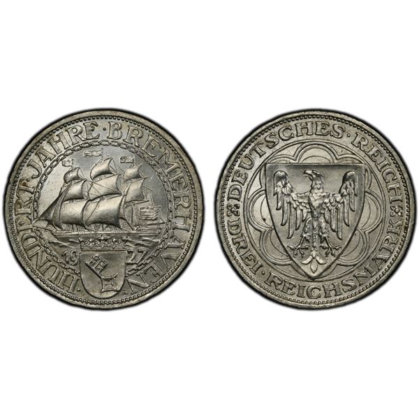 GERMANY: Weimar Republic, AR 3 reichsmark, 1927-A, PCGS MS65