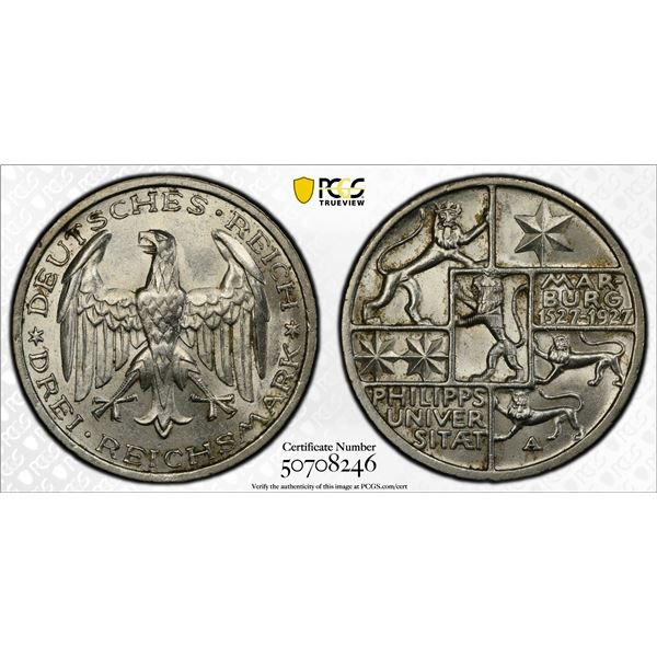 GERMANY: Weimar Republic, AR 3 reichsmark, 1927-A, PCGS MS63