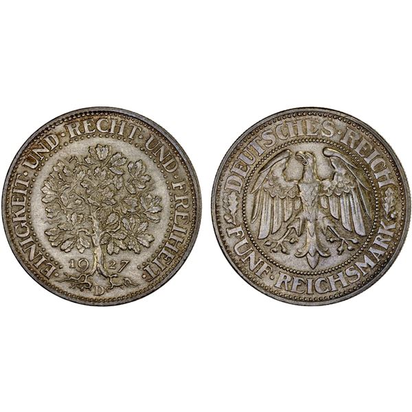 GERMANY: Weimar Republic, AR 5 reichsmark, 1927-D, XF-AU