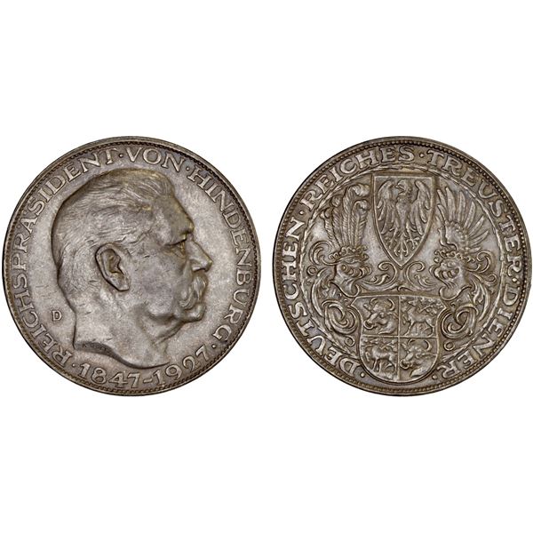 GERMANY: Weimar Republic, AR 5 mark (25.00g), 1927-D, XF-AU