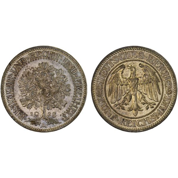 GERMANY: Weimar Republic, AR 5 reichsmark, 1928-A, Choice XF