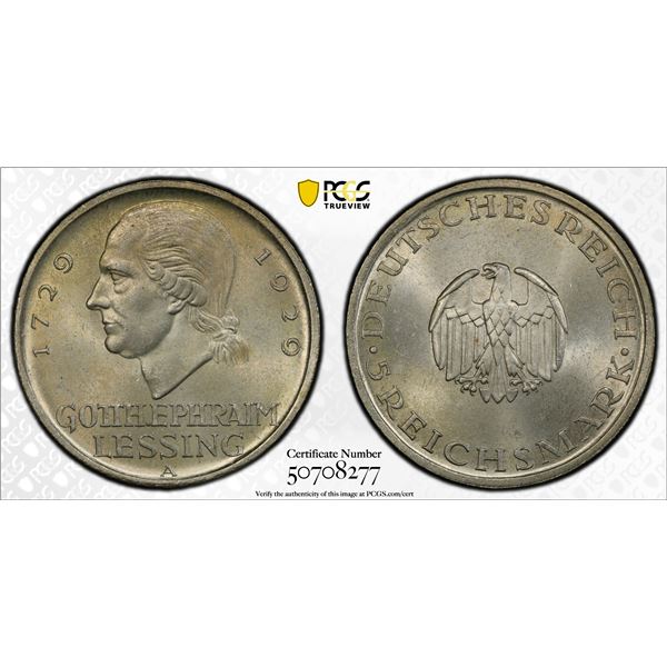 GERMANY: Weimar Republic, AR 5 reichsmark, 1929-A, PCGS MS64