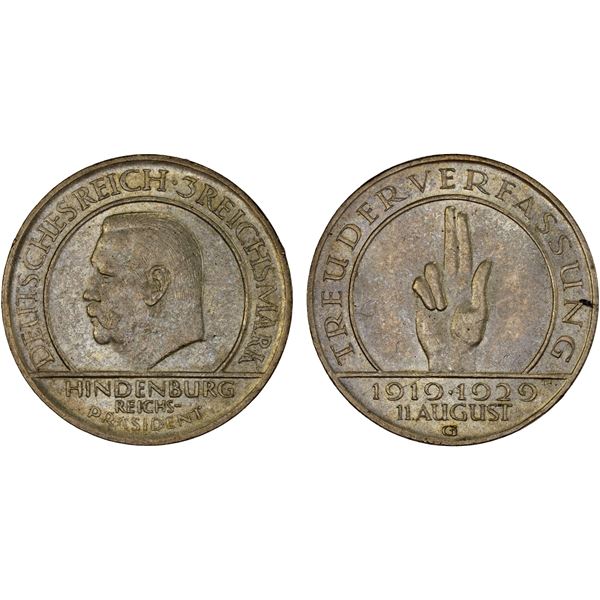 GERMANY: Weimar Republic, AR 3 reichsmark, 1929-G, AU