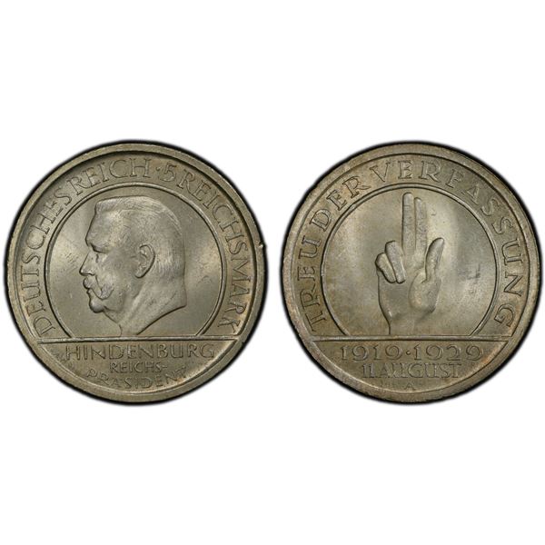 GERMANY: Weimar Republic, AR 5 mark, 1929-A, PCGS MS64