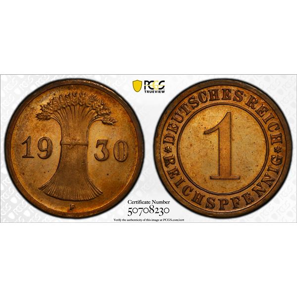 GERMANY: Weimar Republic, AE reichspfennig, 1930-F, PCGS Proof 65 RD