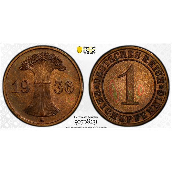 GERMANY: Weimar Republic, AE reichspfennig, 1936-A, PCGS Proof 64 RB