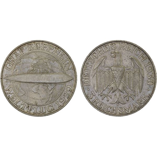 GERMANY: Weimar Republic, AR 3 reichsmark, 1930-D, AU