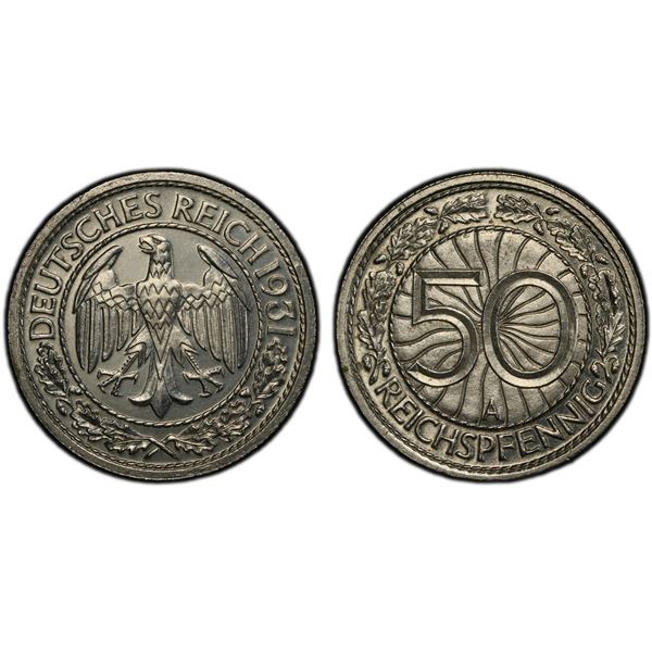 GERMANY: Weimar Republic, 50 reichspfennig, 1931-A, PCGS Proof 65