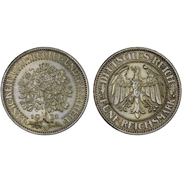GERMANY: Weimar Republic, AR 5 reichsmark, 1931-A, AU