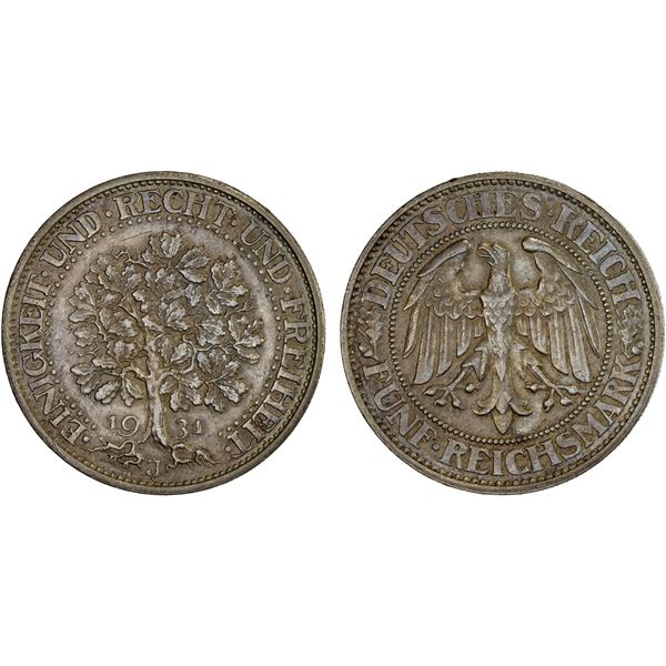 GERMANY: Weimar Republic, AR 5 reichsmark, 1931-J, XF