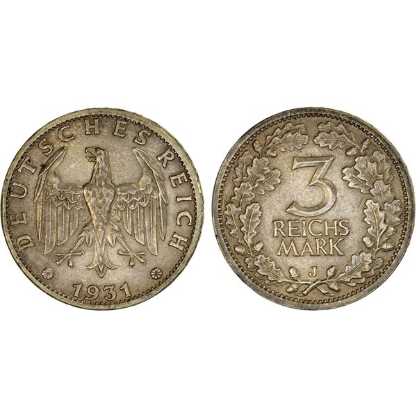 GERMANY: Weimar Republic, AR 3 reichsmark, 1931-J, XF-AU