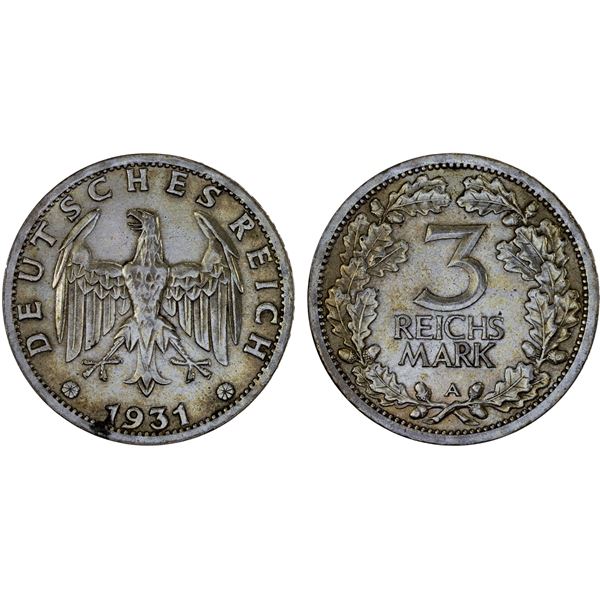 GERMANY: Weimar Republic, AR 3 reichsmark, 1931-A, XF