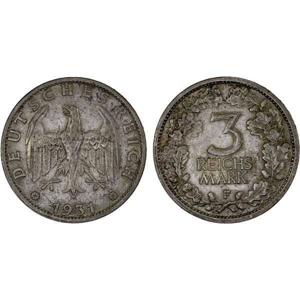 GERMANY: Weimar Republic, AR 3 reichsmark, 1931-F, VF-XF