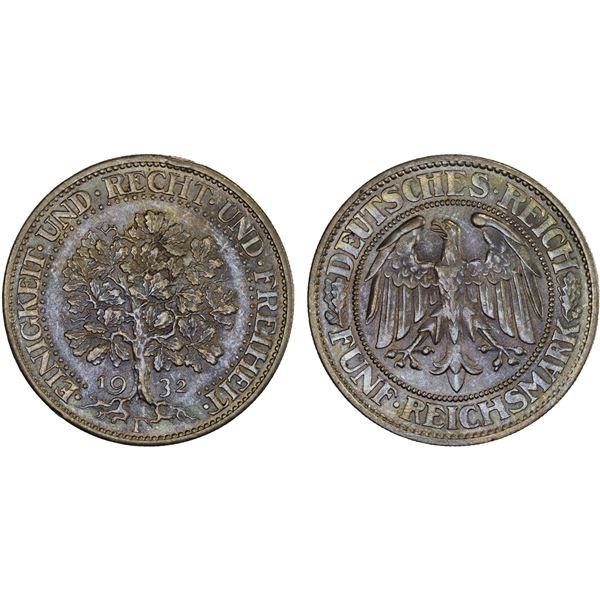 GERMANY: Weimar Republic, AR 5 reichsmark, 1932-F, AU