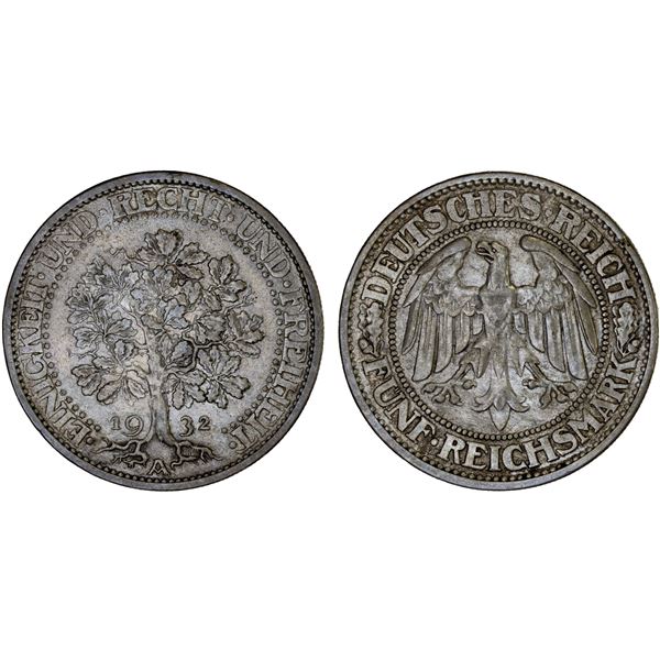 GERMANY: Weimar Republic, AR 5 reichsmark, 1932-A, VF