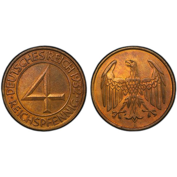 GERMANY: Weimar Republic, AE 4 reichspfennig, 1932-A, PCGS Proof 64 RB