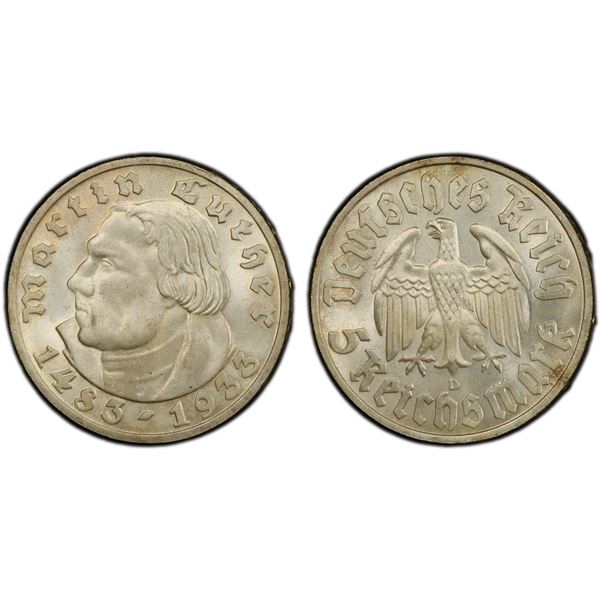 GERMANY: Third Reich, AR 5 reichsmark, 1933-D, PCGS MS65