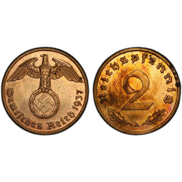 GERMANY: Third Reich, AE 2 reichspfennig, 1937-A, PCGS Proof 63 RB