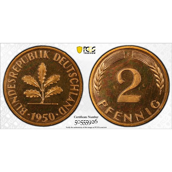 GERMANY: Federal Republic, AE 2 pfennig, 1950-F, PCGS Proof 65 RD CAM