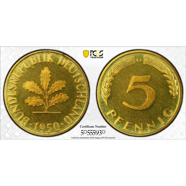 GERMANY: Federal Republic, 5 pfennig, 1950-G, PCGS Proof 66 CAM