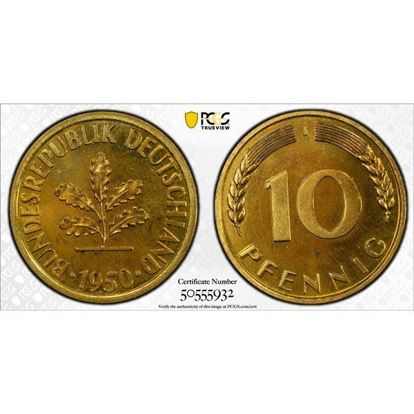 GERMANY: Federal Republic, 10 pfennig, 1950-J, PCGS Proof 65