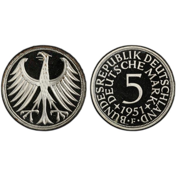 GERMANY: Federal Republic, AR 5 deutsche mark, Stuttgart, 1951-F, PCGS Proof 67 DCAM