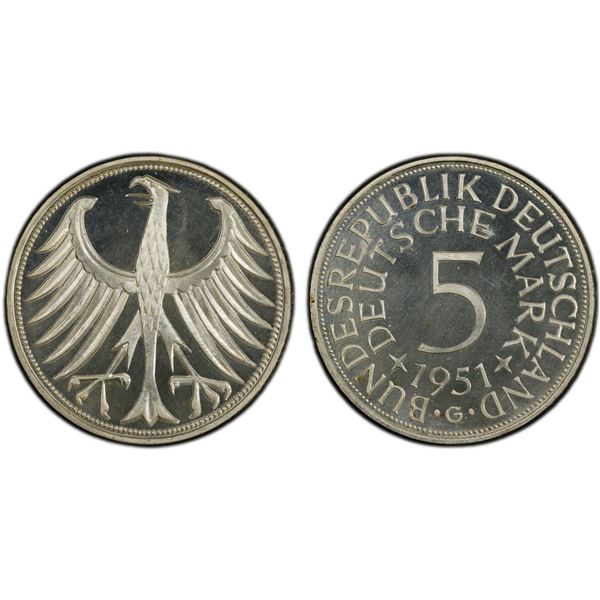 GERMANY: Federal Republic, AR 5 deutsche mark, Karlsruhe, 1951-G, PCGS Proof 66 CAM