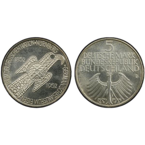GERMANY: Federal Republic, AR 5 deutsche mark, Munich, 1952-D, PCGS MS64
