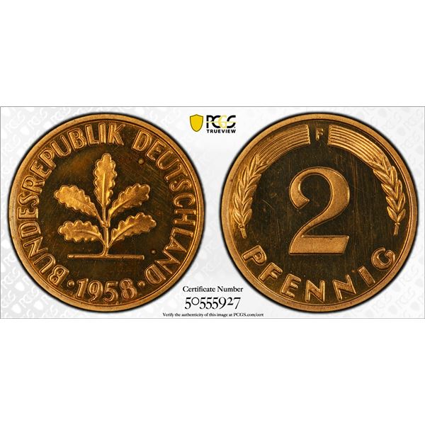 GERMANY: Federal Republic, AE 2 pfennig, 1958-F, PCGS Proof 65 RD CAM