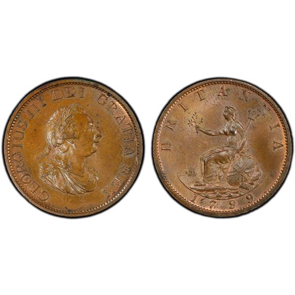 GREAT BRITAIN: George III, 1760-1820, AE halfpenny, 1799, PCGS MS64 BN
