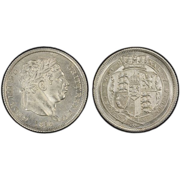 GREAT BRITAIN: George III, 1760-1820, AR shilling, 1816, PCGS MS63