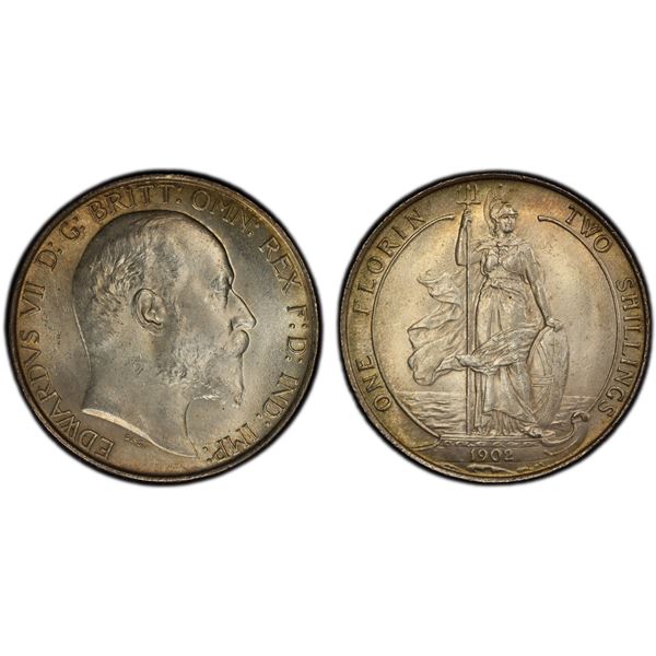 GREAT BRITAIN: Edward VII, 1901-1910, AR florin, 1902, PCGS UNC details