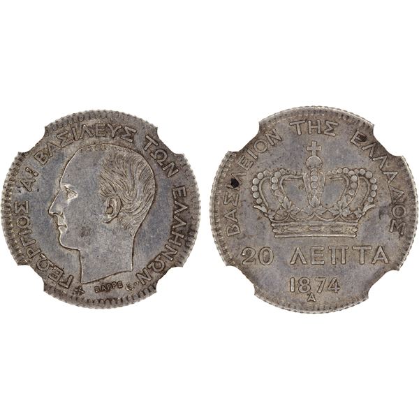 GREECE: George I, 1863-1913, AR 20 lepta, 1874-A, NGC MS62