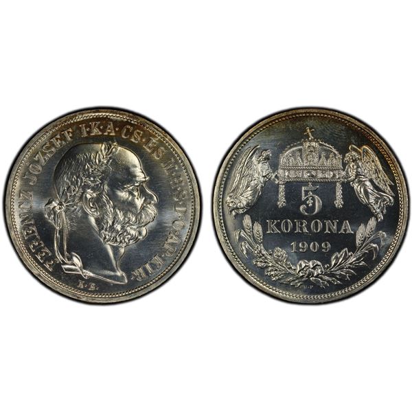 HUNGARY: Artex Restrikes, AR 5 korona, 1909-KB UP, PCGS Proof 67