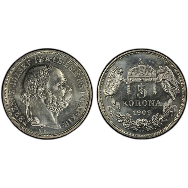 HUNGARY: Artex Restrikes, AR 5 korona, 1909-KB UP, PCGS Proof 65