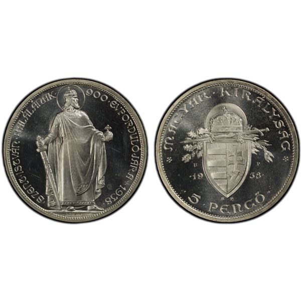 HUNGARY: Artex Restrikes, AR 5 pengo, 1938-BP UP, PCGS Proof 66 CAM