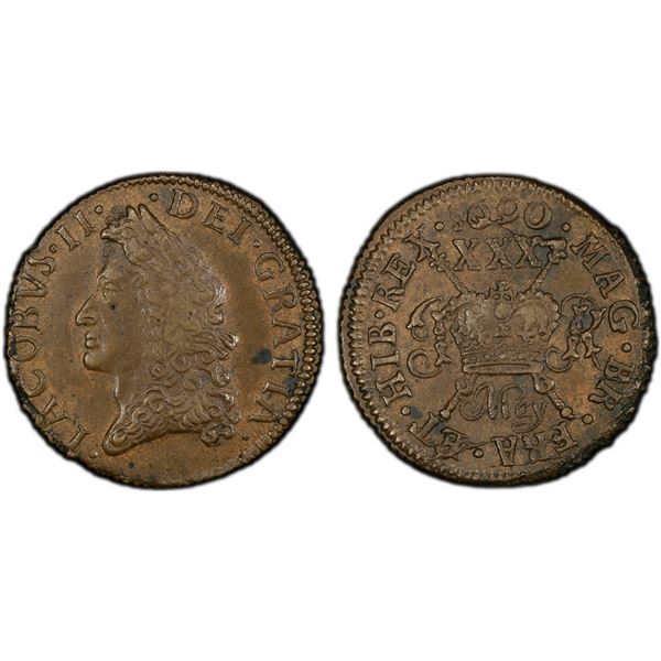 IRELAND: James II, 1685-1691, AE 30 pence (halfcrown), 1690, May, PCGS AU58