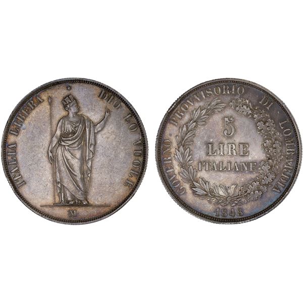 LOMBARDY-VENETIA: Revolutionary Provisional Government, AR 5 lire, 1848-M, XF