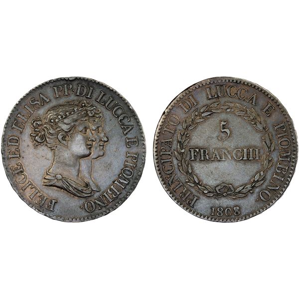 LUCCA: Felix Bacciocchi and Elisa (Bonaparte), AR 5 franchi, 1808/7, Choice VF
