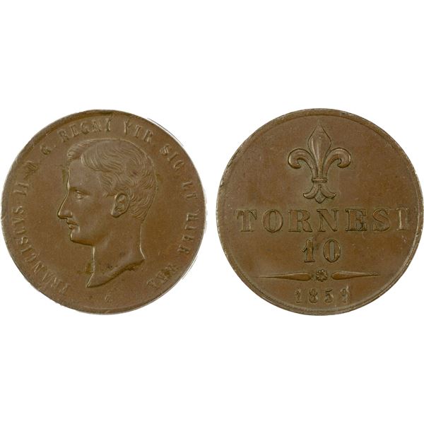 NAPLES & SICILY: Francesco II, 1859-1861, AE 10 tornesi, 1859, ANACS MS61 BRN