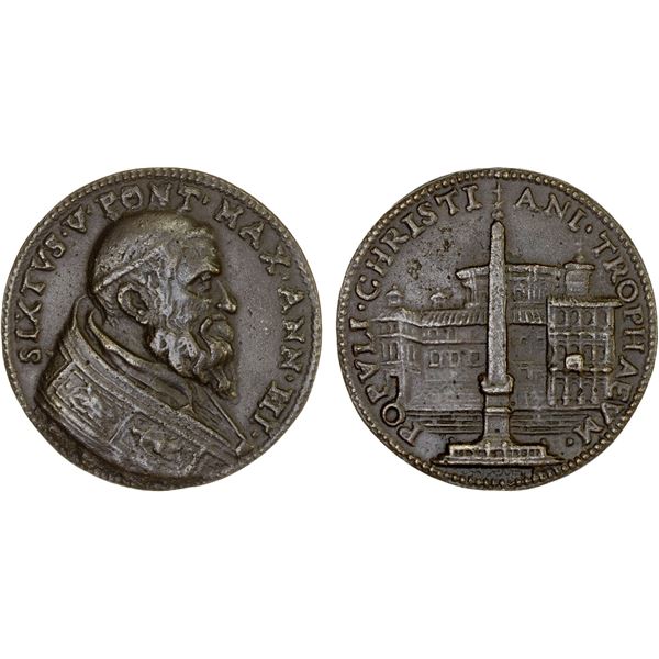 PAPAL STATES: Sixtus V, 1585-1590, AE medal (10.60g), year 3, XF-AU