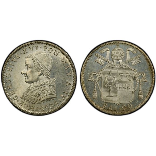 PAPAL STATES: Gregorius XVI, 1831-1846, AR 20 baiocchi, 1834 year IV, PCGS MS64