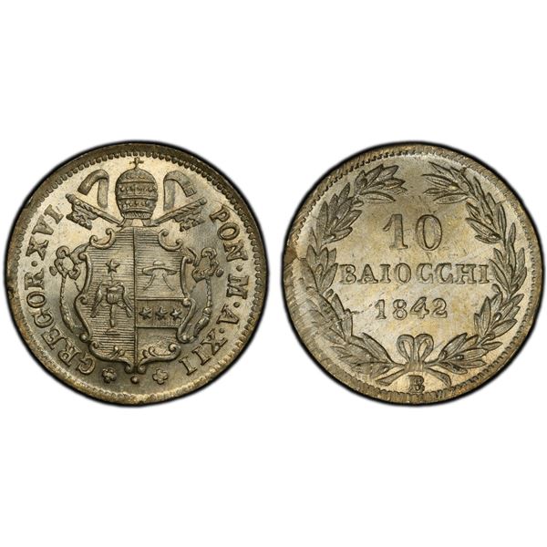 PAPAL STATES: Gregorius XVI, 1831-1846, AR 10 baiocchi, 1842-B year XII, PCGS MS64