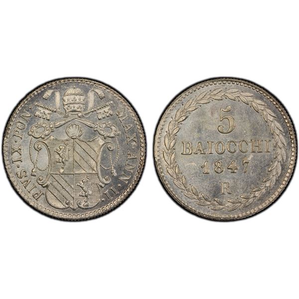PAPAL STATES: Pius IX, 1846-1870, AR 5 baiocchi, 1847-R year II, PCGS MS66