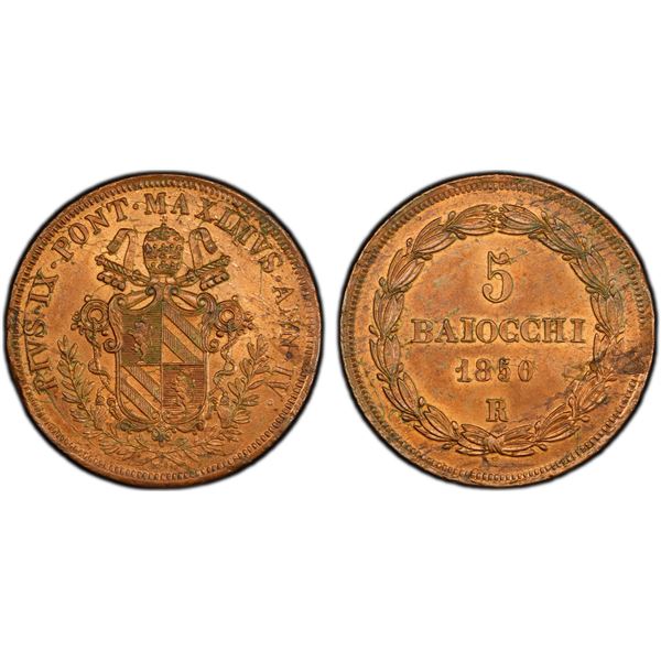 PAPAL STATES: Pius IX, 1846-1870, AE 5 baiocchi, 1850-R year IV, PCGS MS63 RB