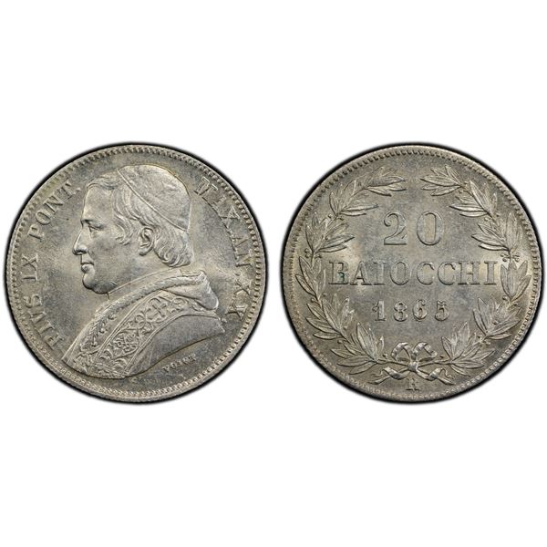 PAPAL STATES: Pius IX, 1846-1870, AR 20 baiocchi, 1865-R year XX, PCGS MS64